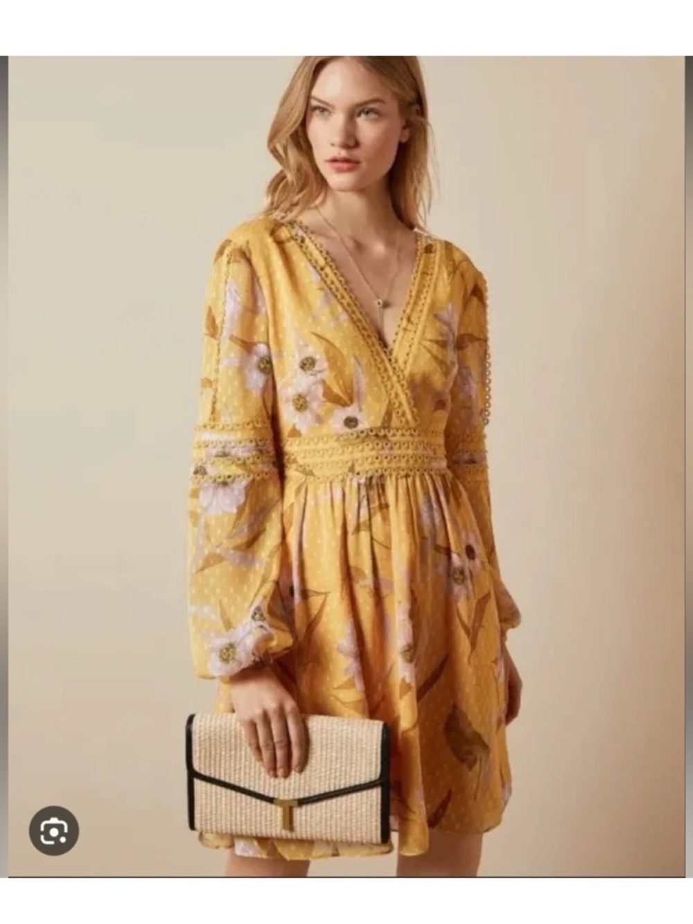 Ted Baker Yellow Posyy Cabana Long Sleeve mini V-Neck dress size 1
